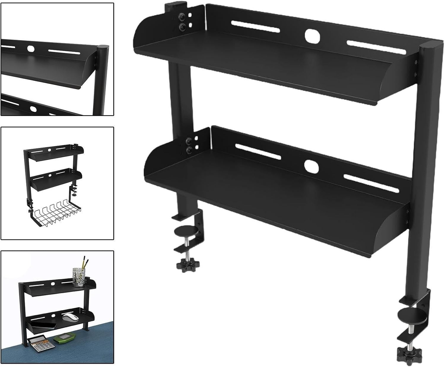 Desktop or Under-Desk Shelf Clamp-on 2-Tier Shelving W/ Adjustable Storage Tray