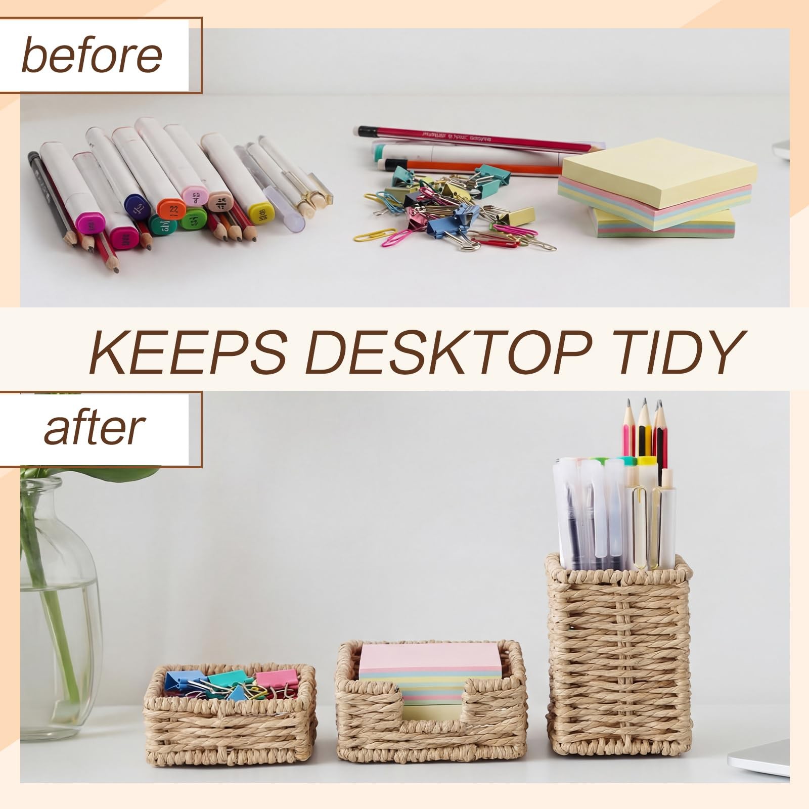 Paper Rope Woven Desk Organizer Set of 3 Natural Desktop Accessories Pencil P…