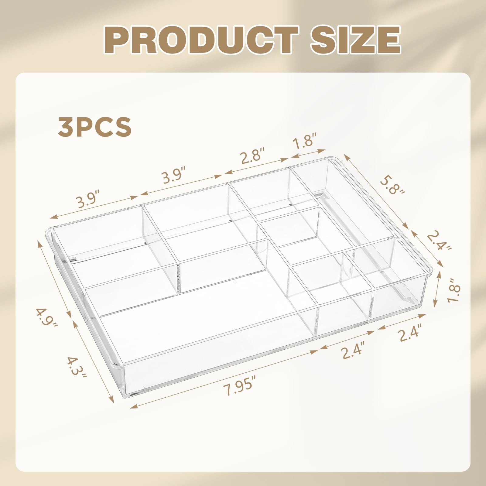 3 Pcs Clear Acrylic Desk Drawer Organizer 13.7×8.7×2 Inch 8 Compartments Tray