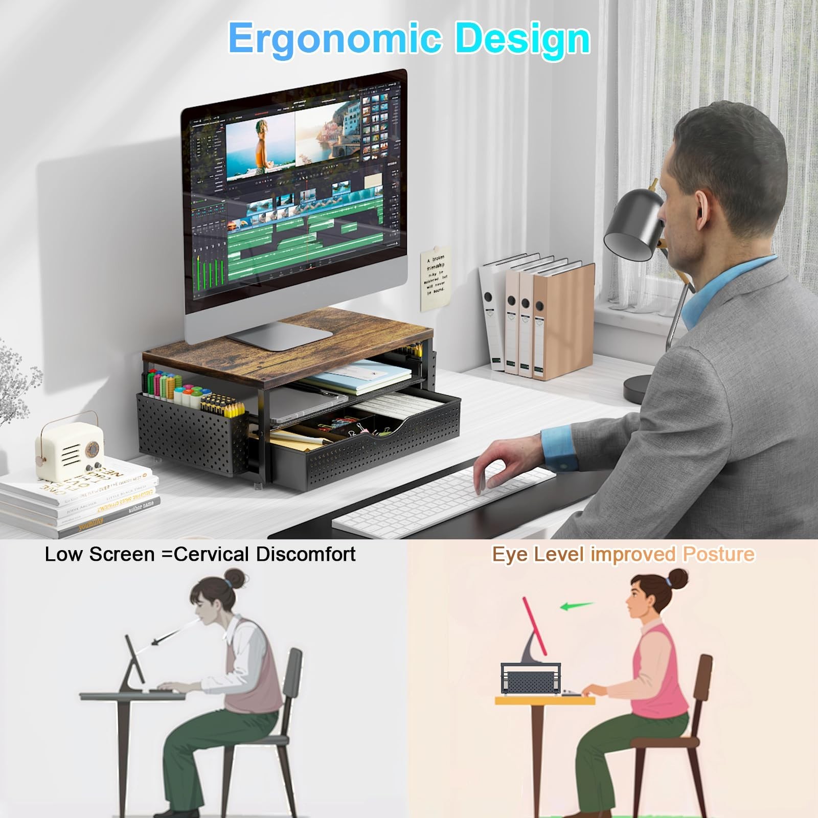 Wooden Desk Organizer with Drawer & 2 Pen Holders – Monitor Stand for Office & D