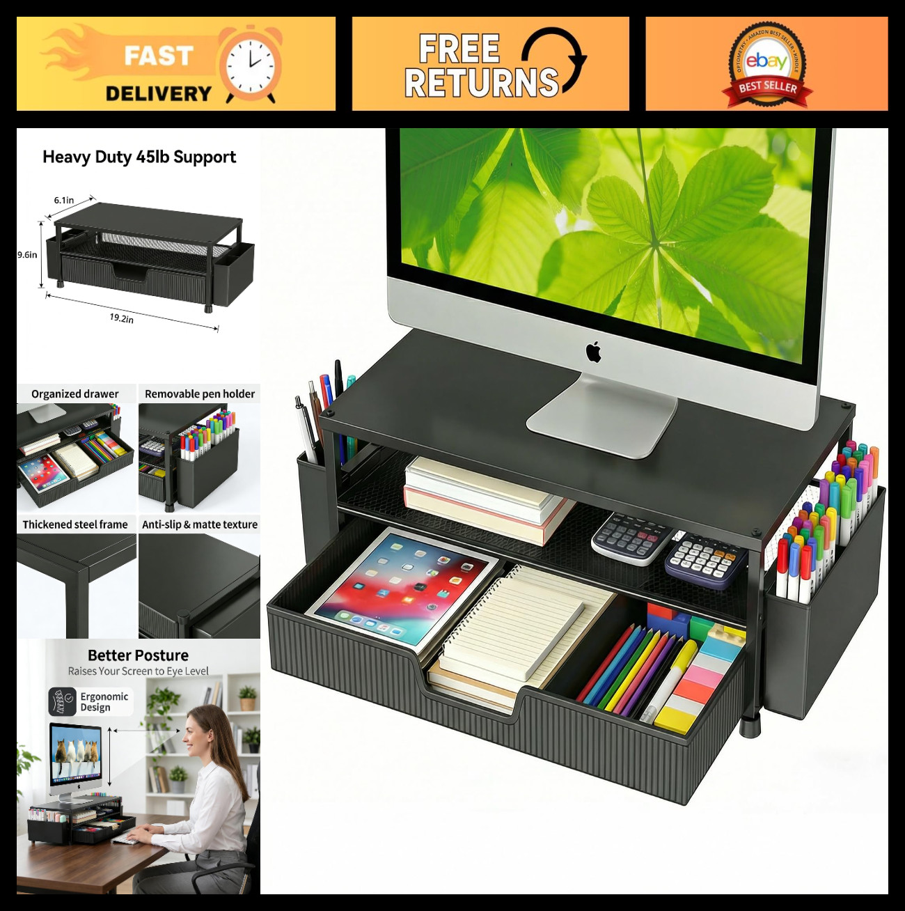 2-Tier Desk Organizer & Monitor Stand with Storage Drawer, Pen Holders – Black