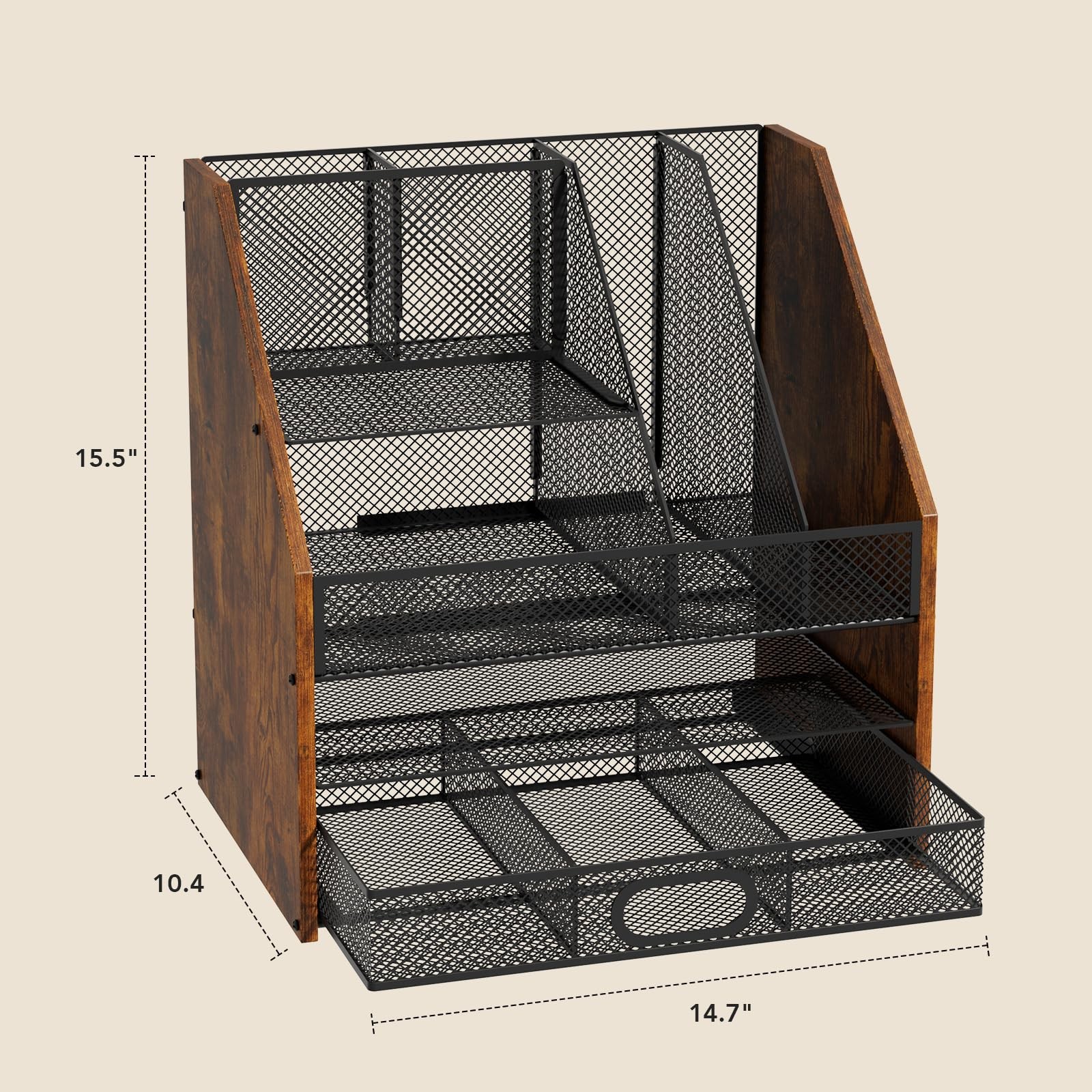 Homsorout Wooden Desk Organizer – Mesh File with Black and Brown