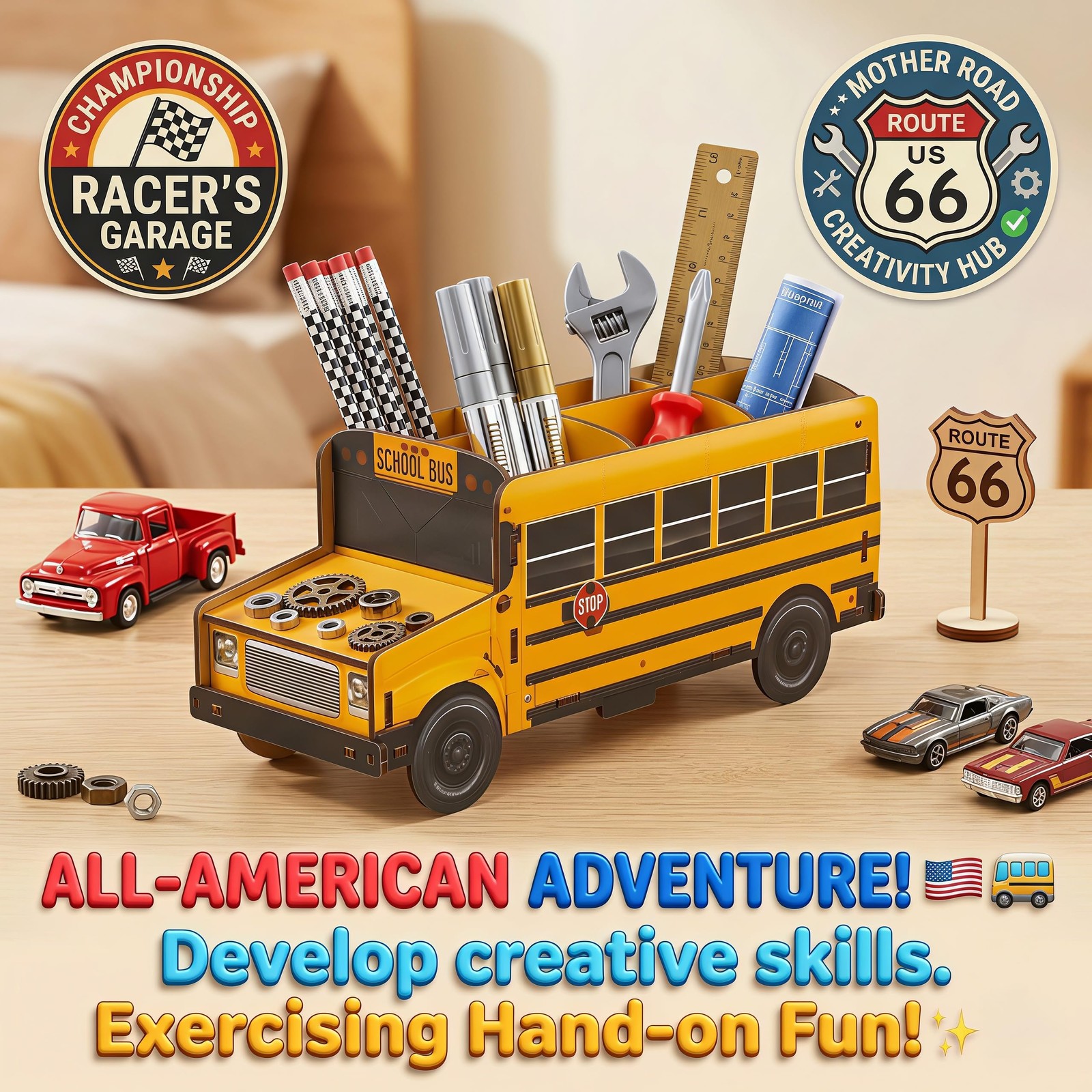 Cute Wooden School Bus Desk Decor & Pencil Holder – Retro Yellow Vehicle Stat…