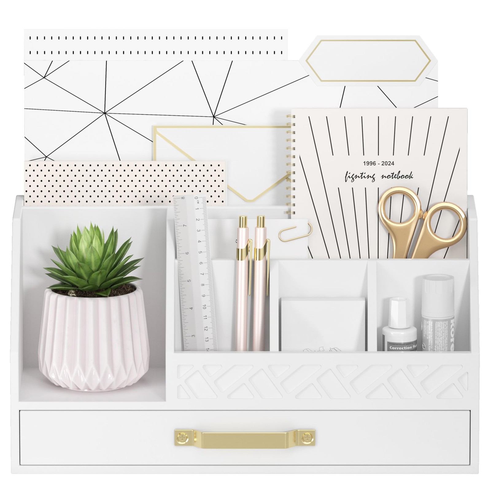 Wisuce Bamboo Mail Organizer Countertop with Drawers, Wooden Desk White