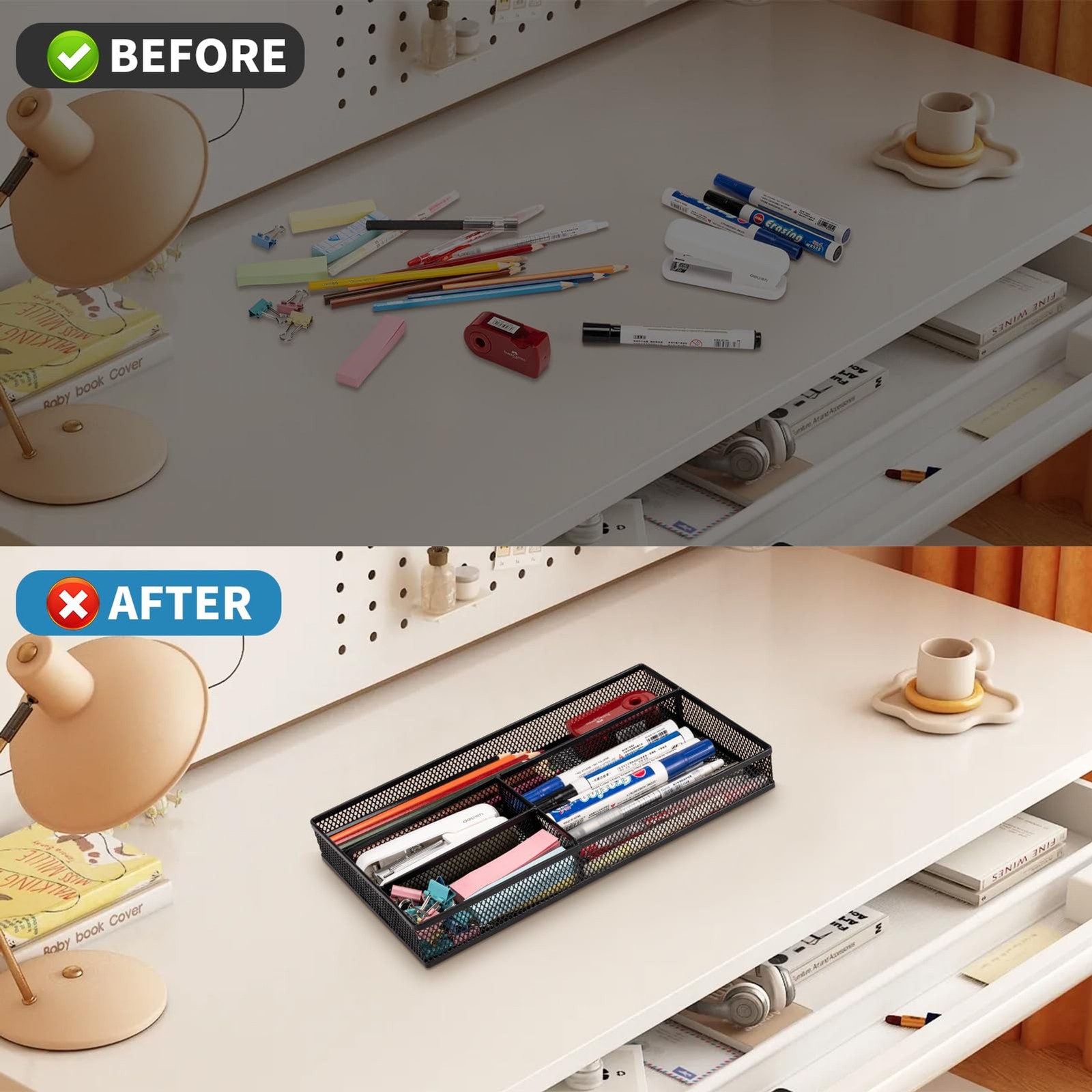 4 Compartment Metal Desk Drawer Organizer Tray Office Home Stationery Cosmetics