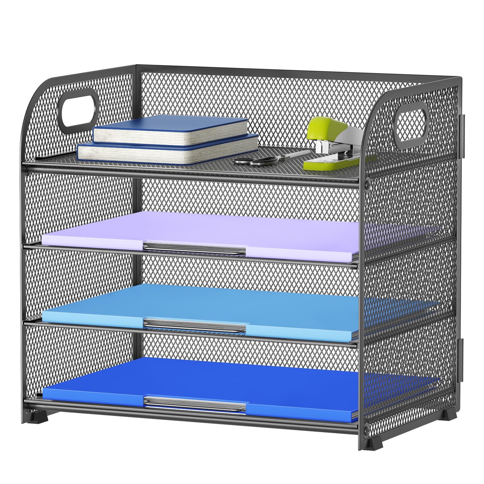 4 Tier Grey Mesh Paper Organizer, 12.6 x 9.1 x 10.7, Handle, File Sorter
