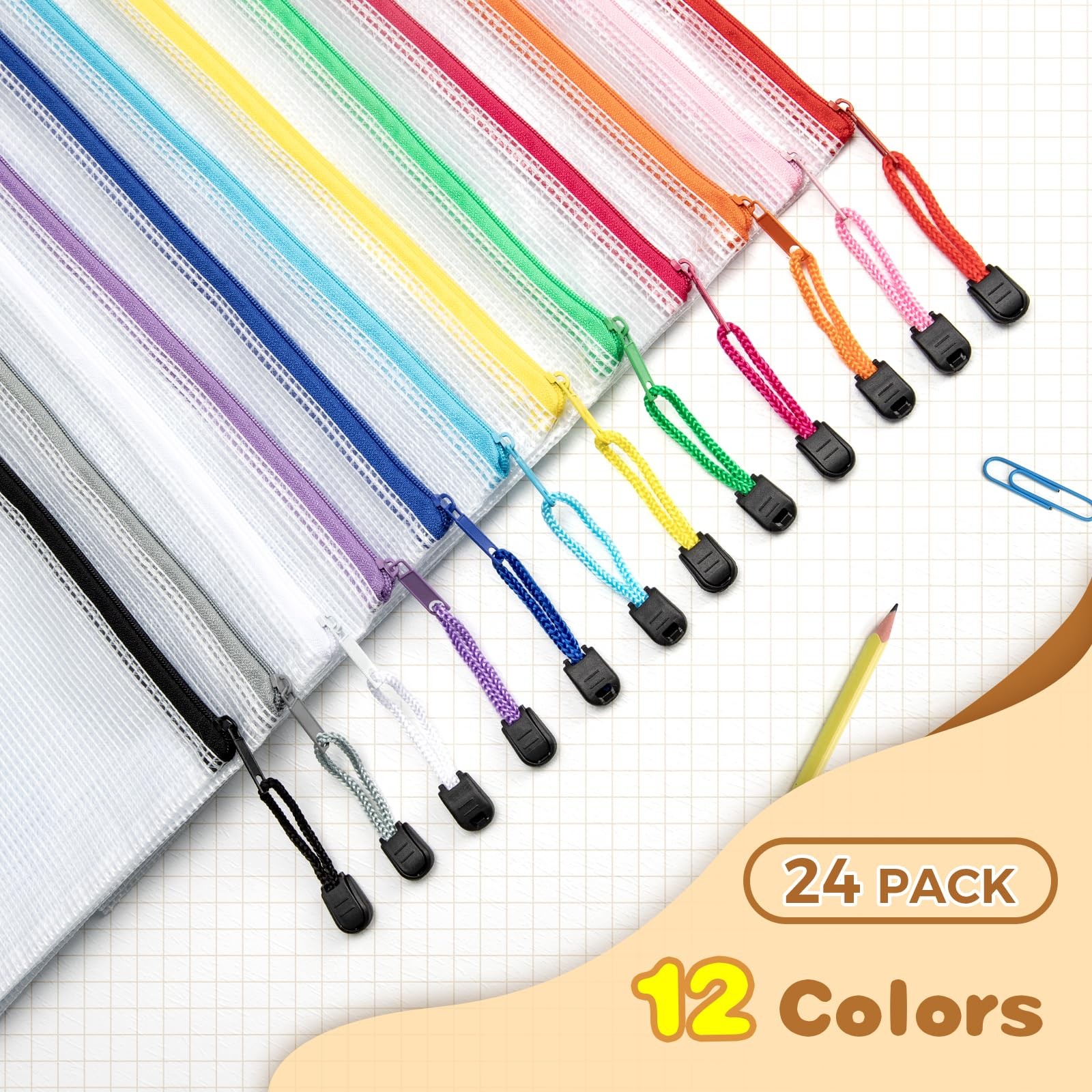 24 Pack 12 Colors Zipper Pouches for Organizing, A3 Size (16.9 x 12.4), Big m…