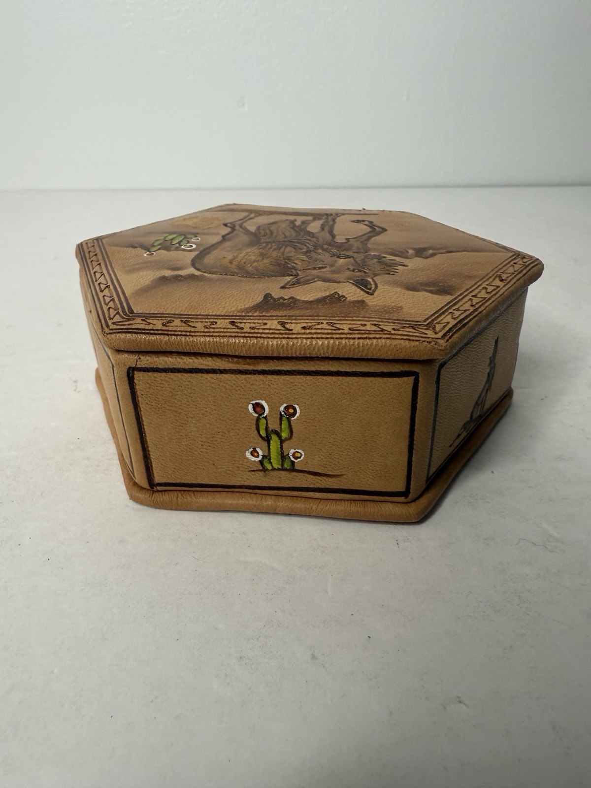 Vintage Faux Leather Hexagon Storage Jewelry Box Red Felt Texas Coyote Handmade