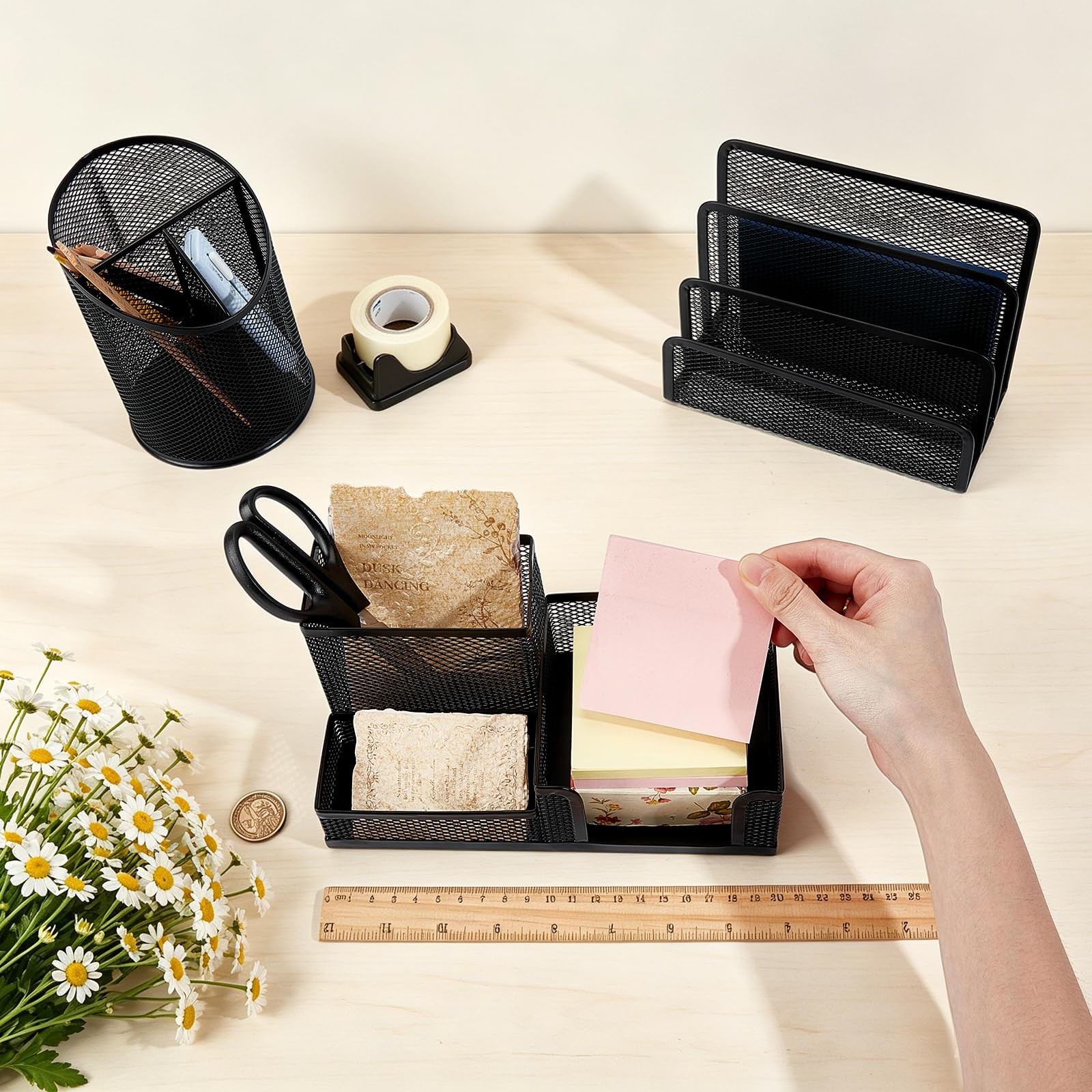3PCS Metal Office Supply Desk Organizer Mesh Pen Holder with 3 Compartments R…