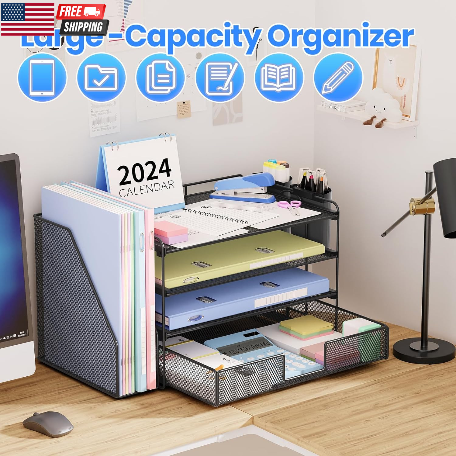 Desk Organizer, 5-Tier Paper File Organizer with Drawer & Pen Holder, Office Des