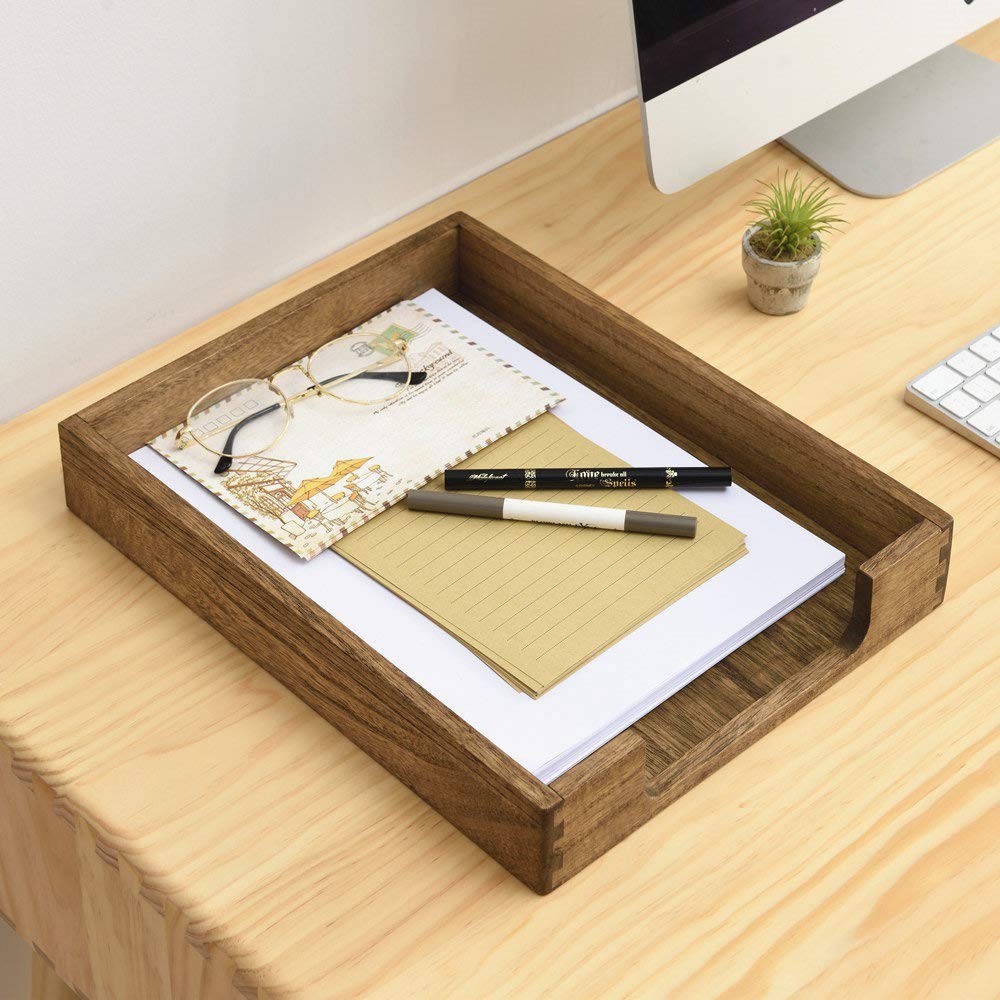 KIRIGEN Wood Letter Tray, Single-Tier 13.8″ x 10.6″ x 2.2″, Dark Brown