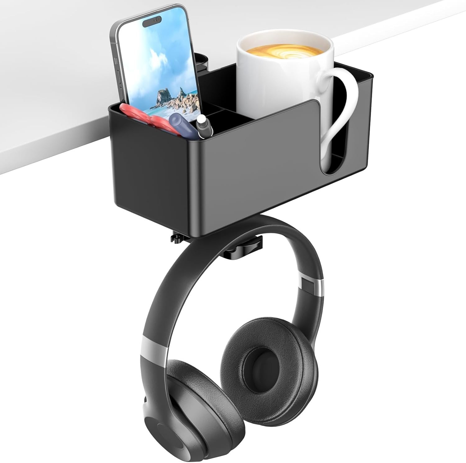 4 in 1 Desk Cup Holder – Clamp on Under Desk Headphone Hanger – Rotating Head…