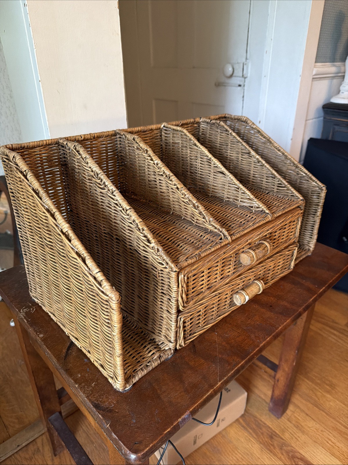 Vintage Wicker Rattan Tabletop Desk Mail Letter Stationery Organizer Drawers