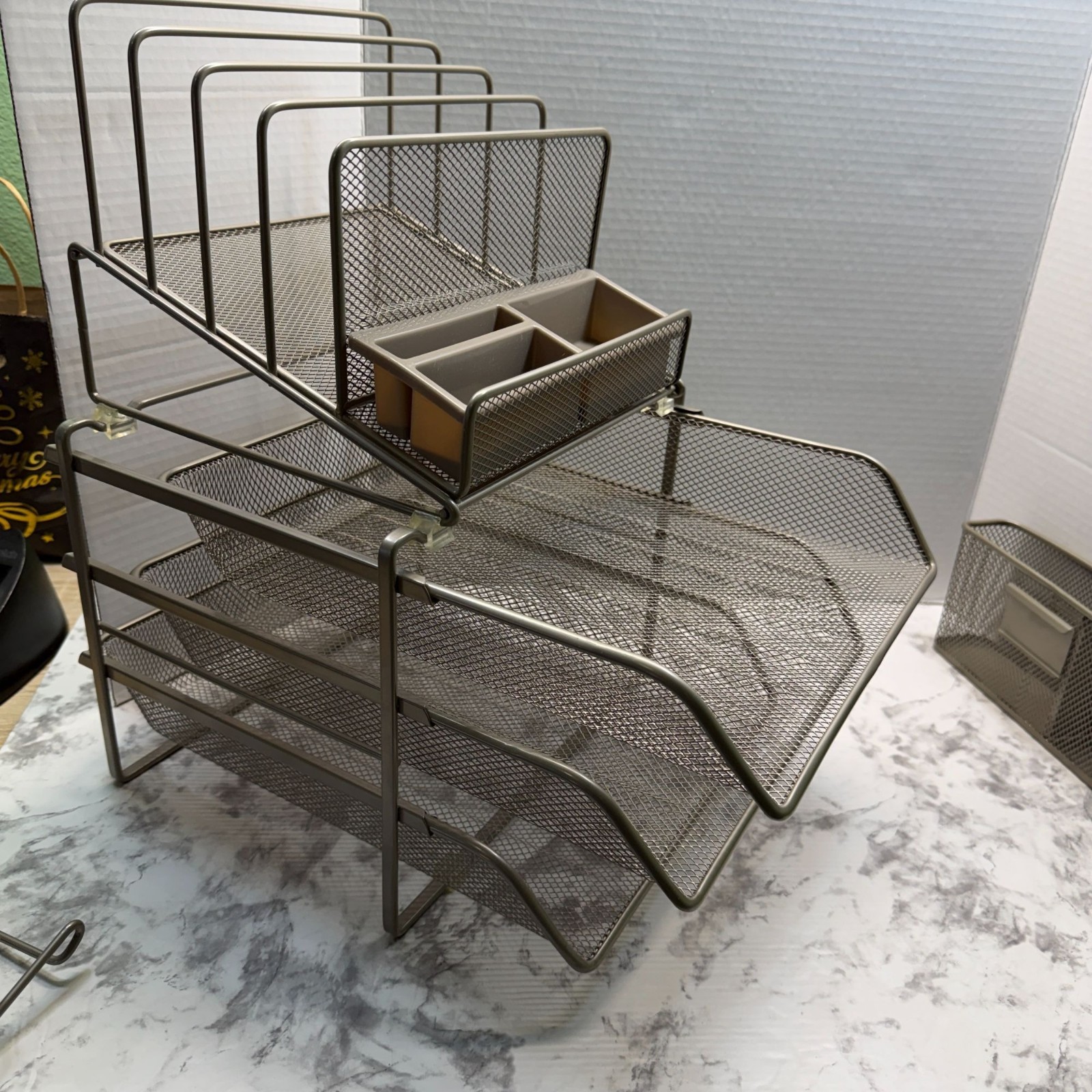 Mesh Metal Office Desk Organizer Steel Grey Finish Sliding Baskets Paper Holders