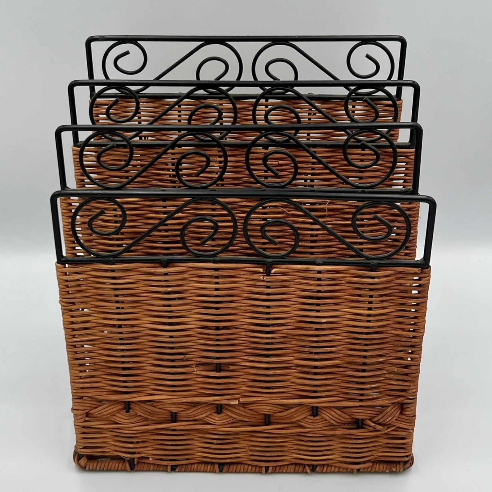 Woven Wicker Metal Scroll Letter Mail Organizer Brown Black Very Good 4-Slot