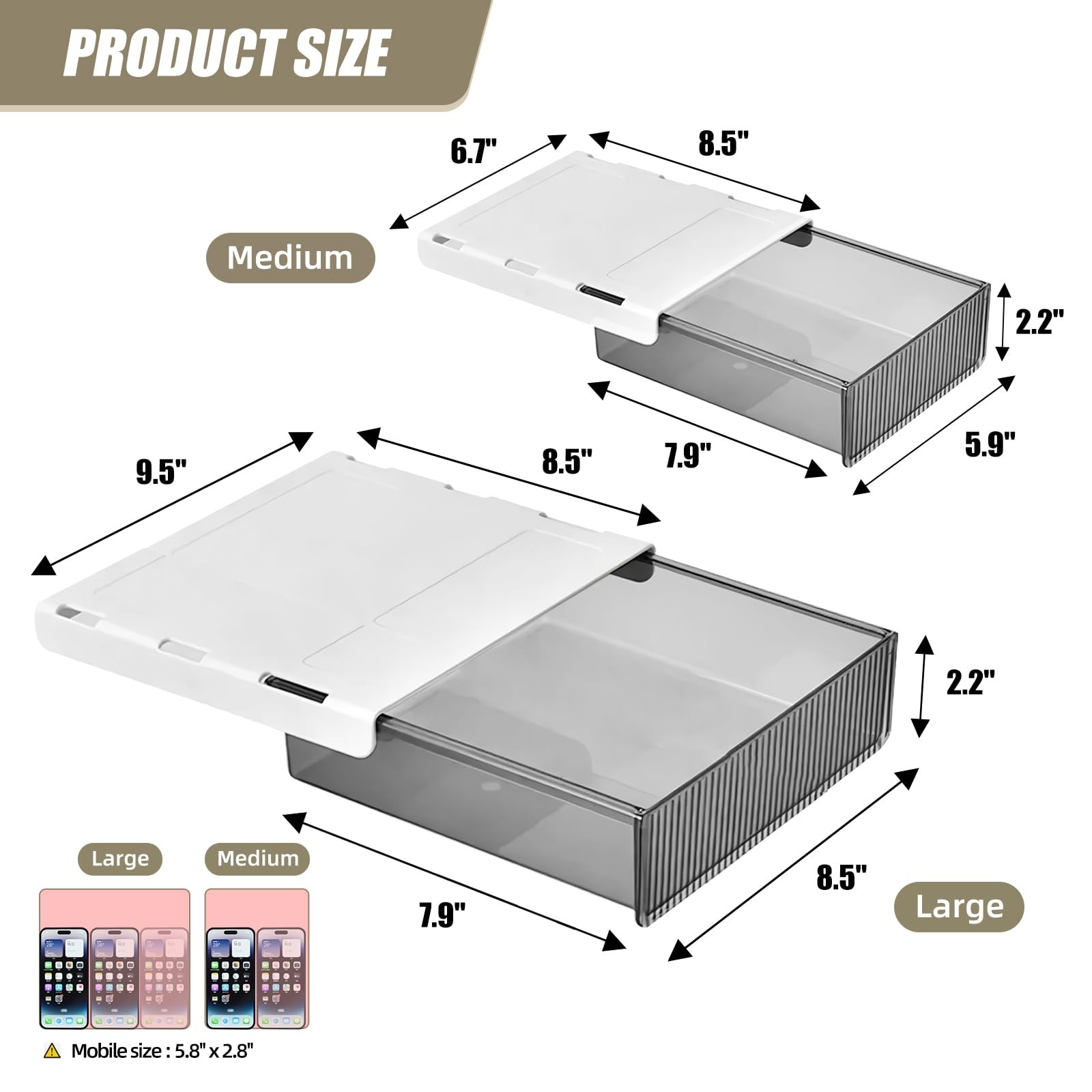 Transparent Black Under Desk Storage Drawers Slide Out Large Medium 2 PCS