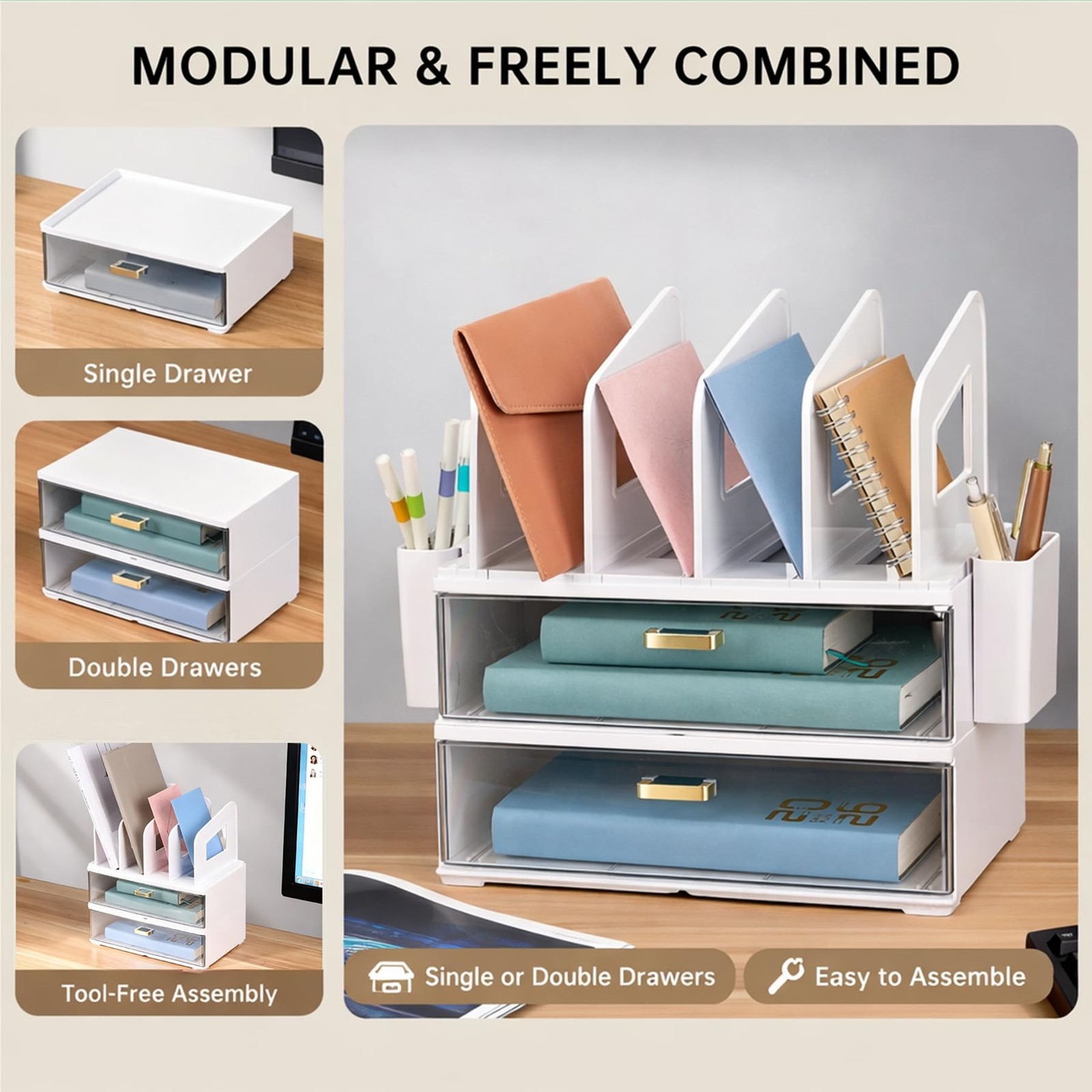 CiWiVOKi White Desk Organizer with 4 File Holder Slots, 2 Clear 5 pc,