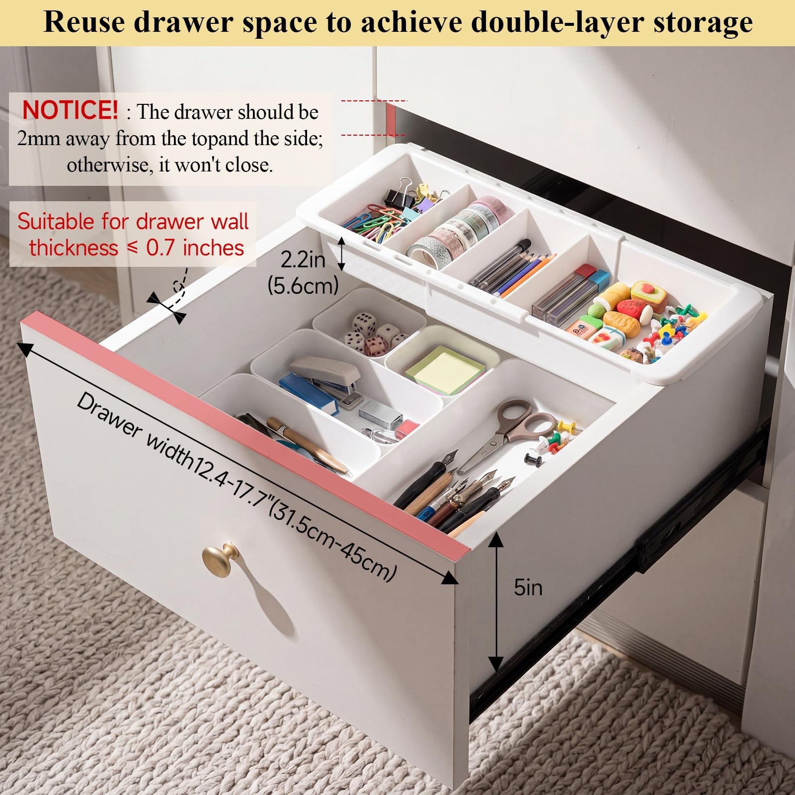 27 Pcs Deep Drawer Organizer Bulk, 2 Expandable Hanging Trays with Plastic Dr…