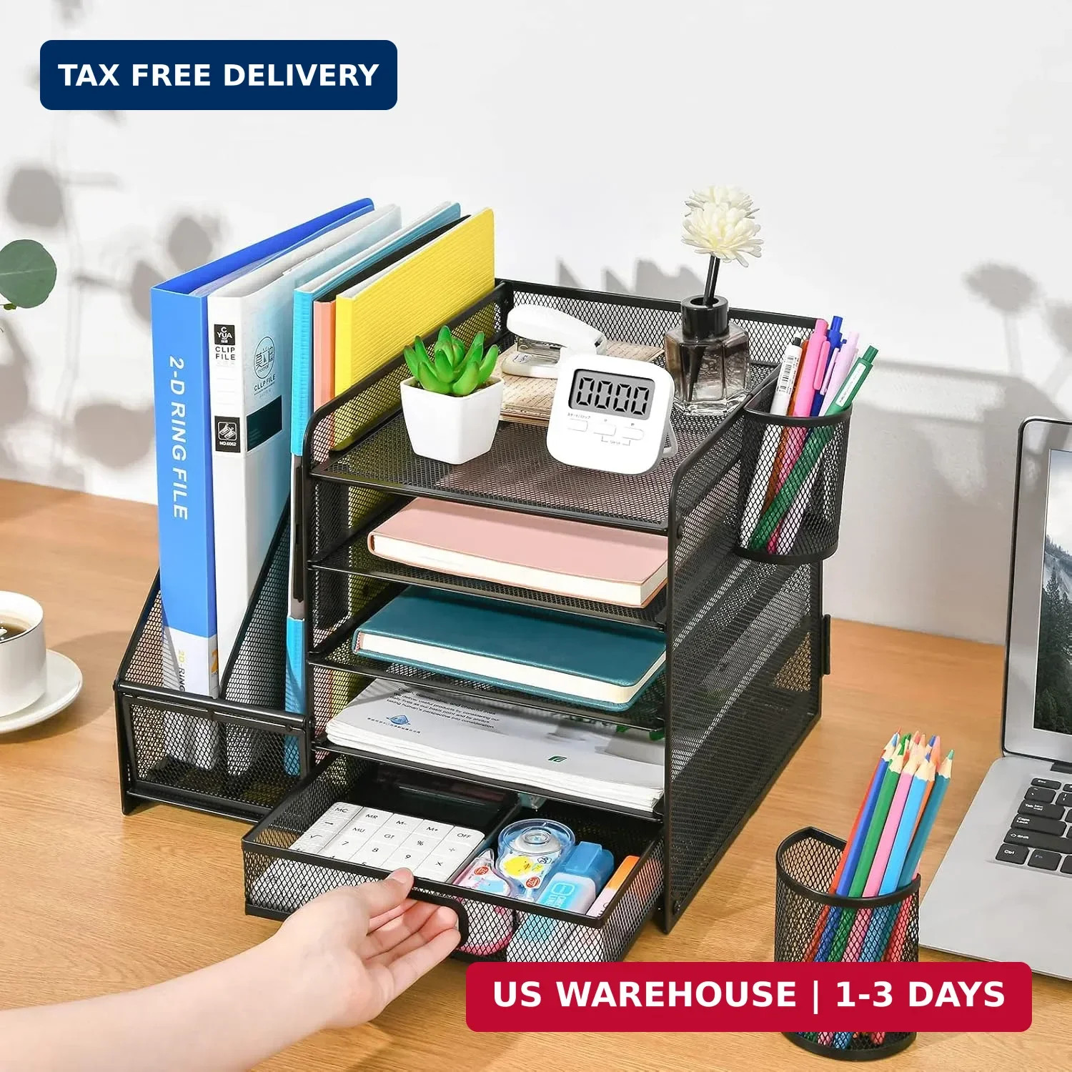 5 Tier Desk Organizer File Holder Paper Tray Drawer Pen Holders Black