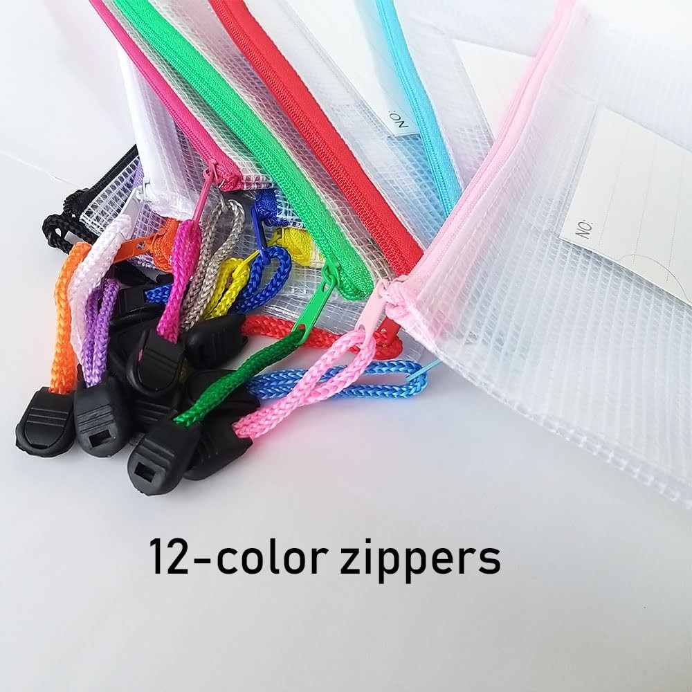 Plastic Mesh Zipper Pouch, 12Pcs Zipper File Bags with Label Pocket, Game Boa…