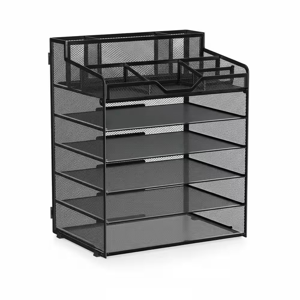 1 Pack 6-Tier Black Mesh Letter Tray Organizer with 3 Pen Holders and 5 Adjustab