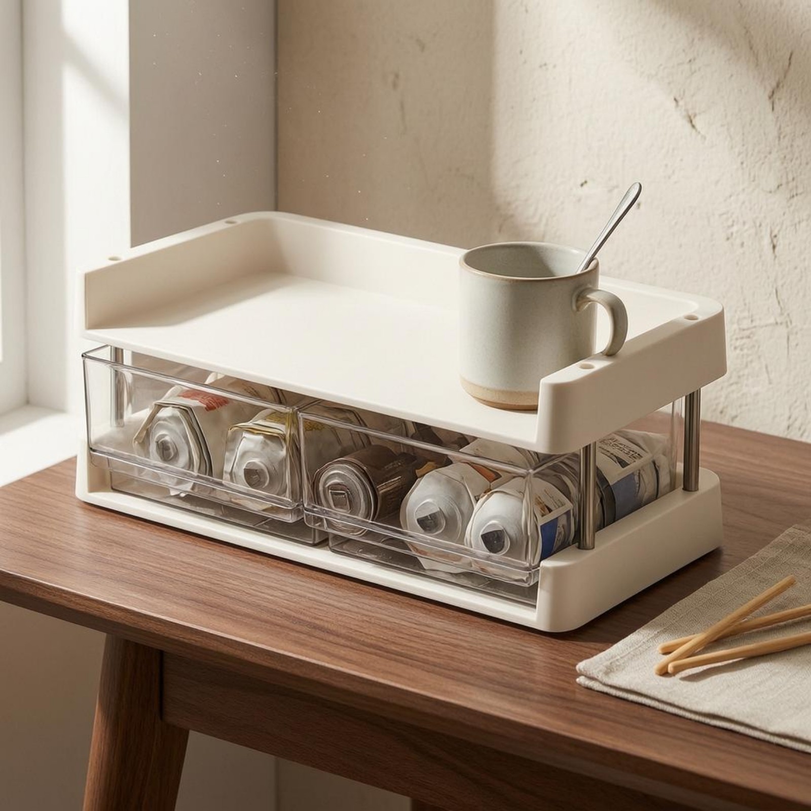 Desktop Storage Rack Transparent Compartments Layered Shelf Organizer Metal
