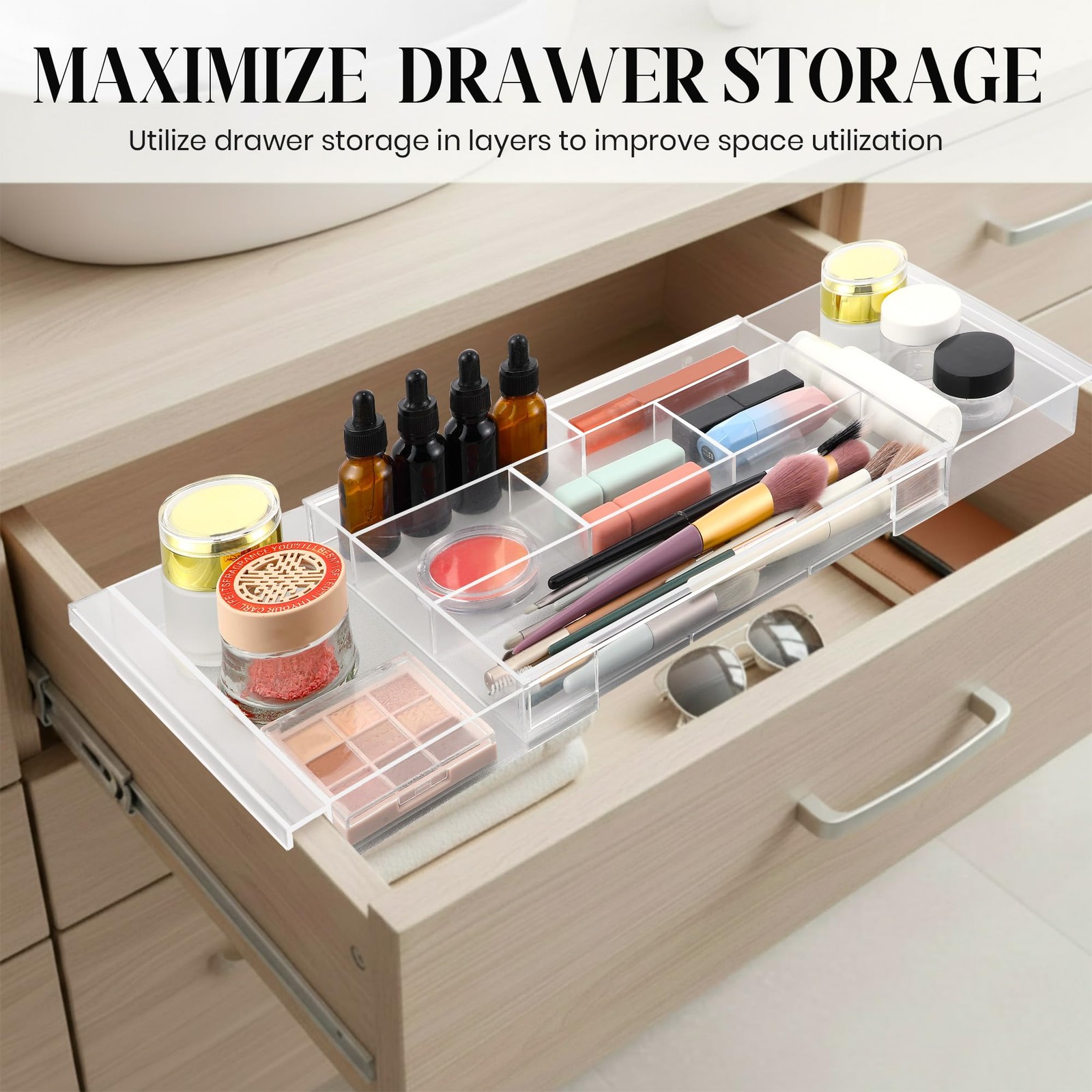 Dunkive 2pack Shallow Expandable Drawer Organizer, Adjustable Transparent