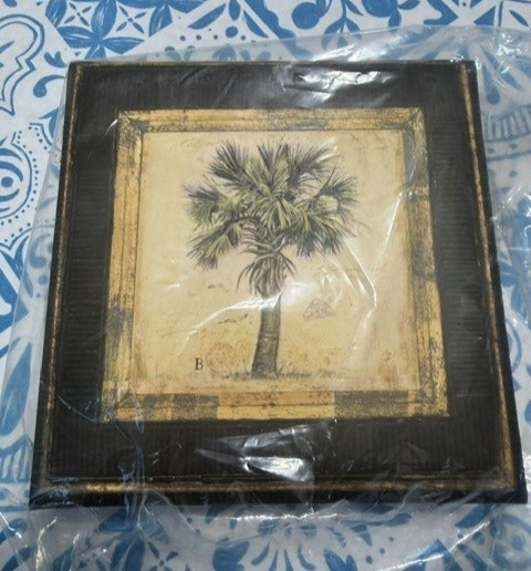 Square Desk Notepad Palm Tree Hard Cover Gold Trim with Pencil