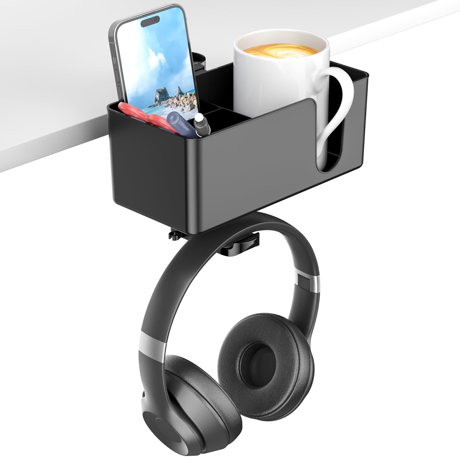 4 in 1 Desk Cup Holder – Clamp on Under Desk Headphone Hanger – Rotating Head…