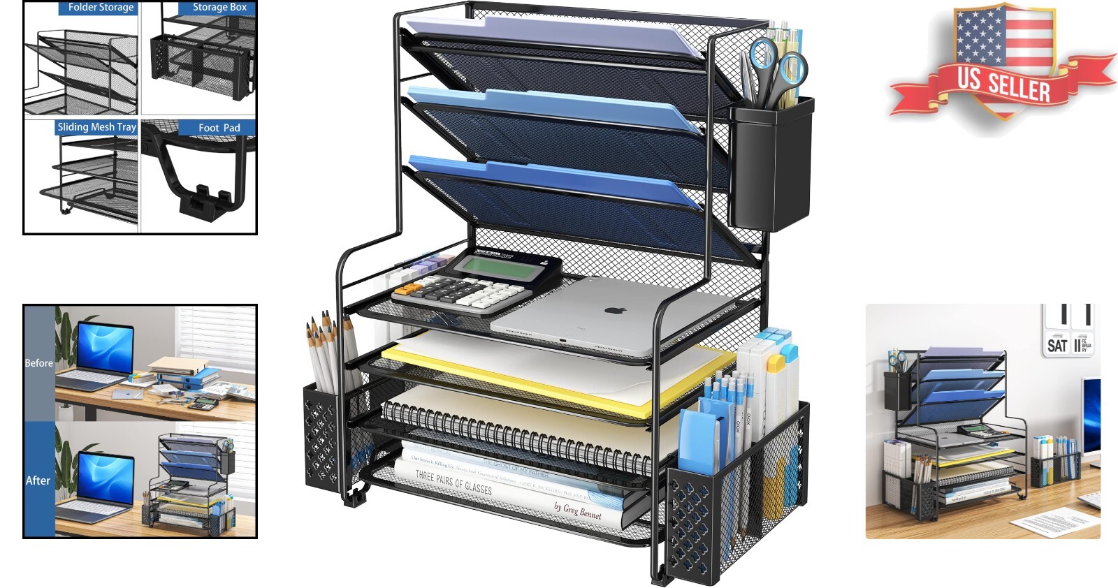 7-Tray Heavy-Duty Desktop File Organizer with Removable Pen & Basket Storage