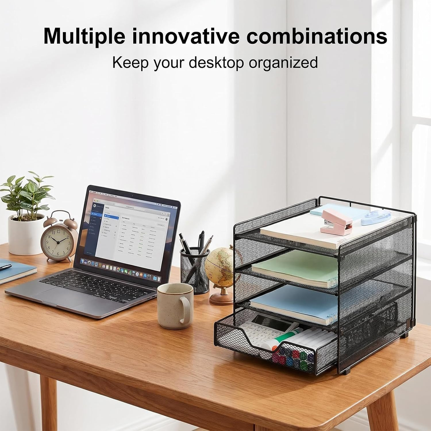 Desk Organizers and Accessories, 4-Tier Desktop File Organizer with Drawer, Offi