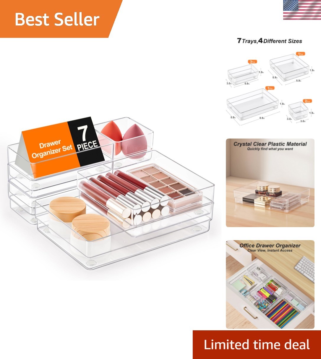 7-Piece Drawer Organizer with Non-Slip Silicone Pads, 4-Size Desk Drawer Orga…