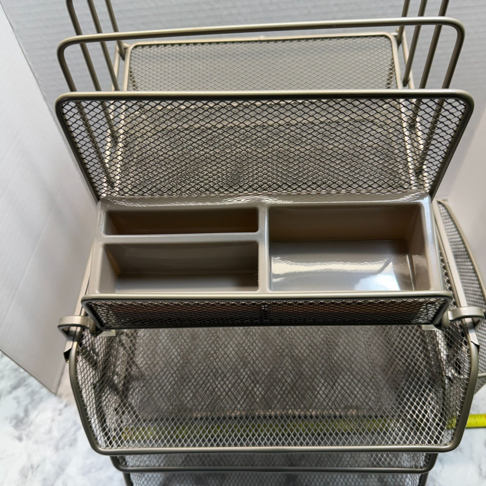 Mesh Metal Office Desk Organizer Steel Grey Finish Sliding Baskets Paper Holders