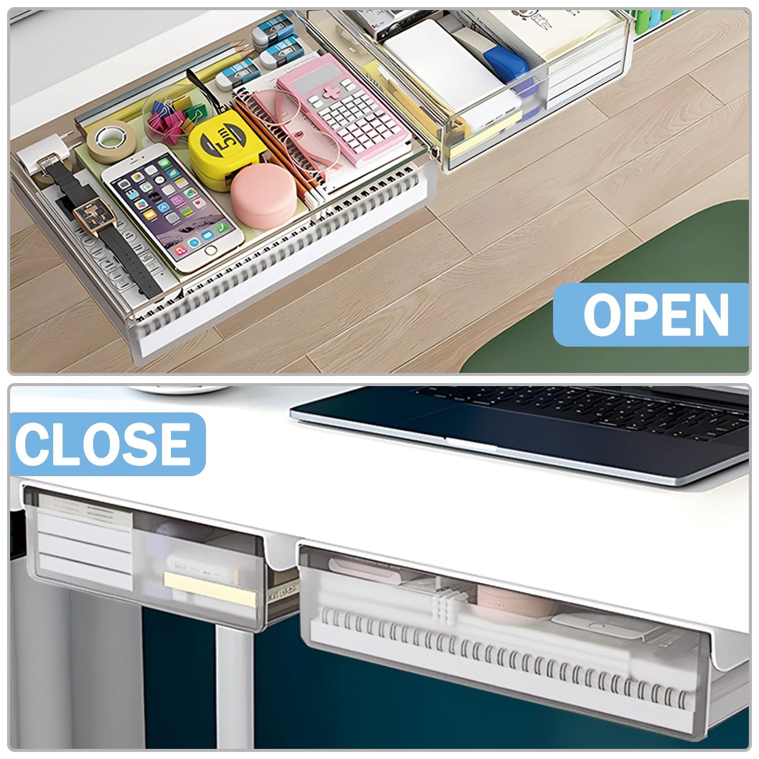 Large Under Desk Table Drawer Storage Organizer A4 Hidden Tray Clear White