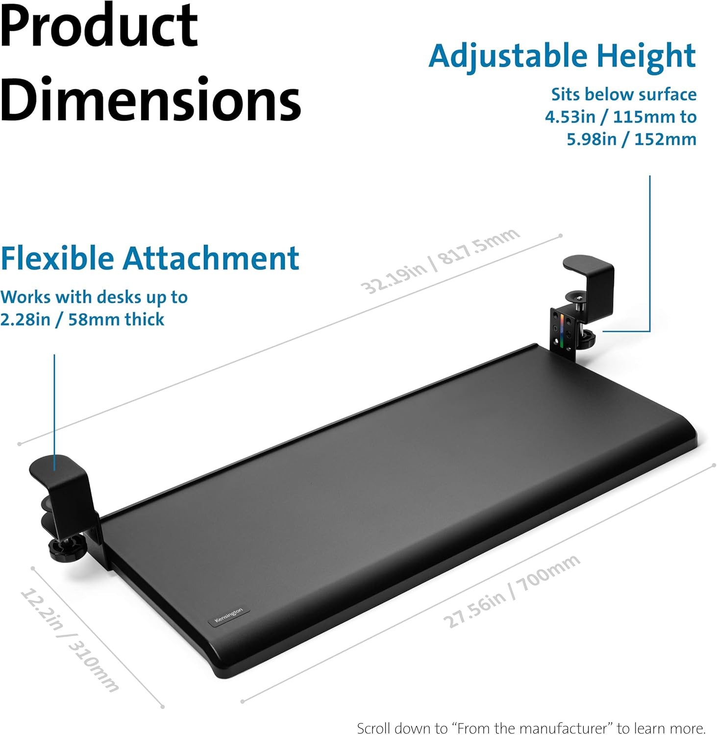 Kensington Clamp-On Keyboard Tray, Under Desk Drawer with Black