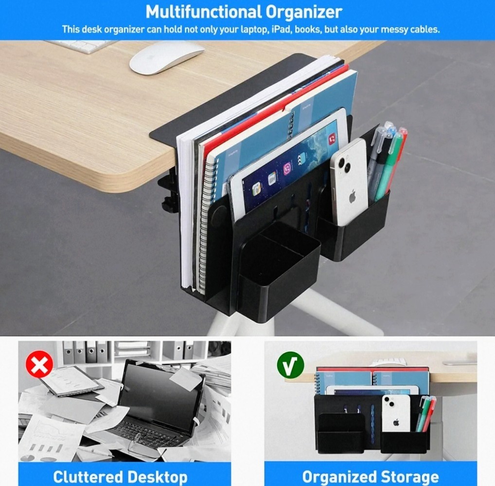 Desk Side Storage, Under Desk Laptop Mount, Clamp On Cable Magnet Tray, Black