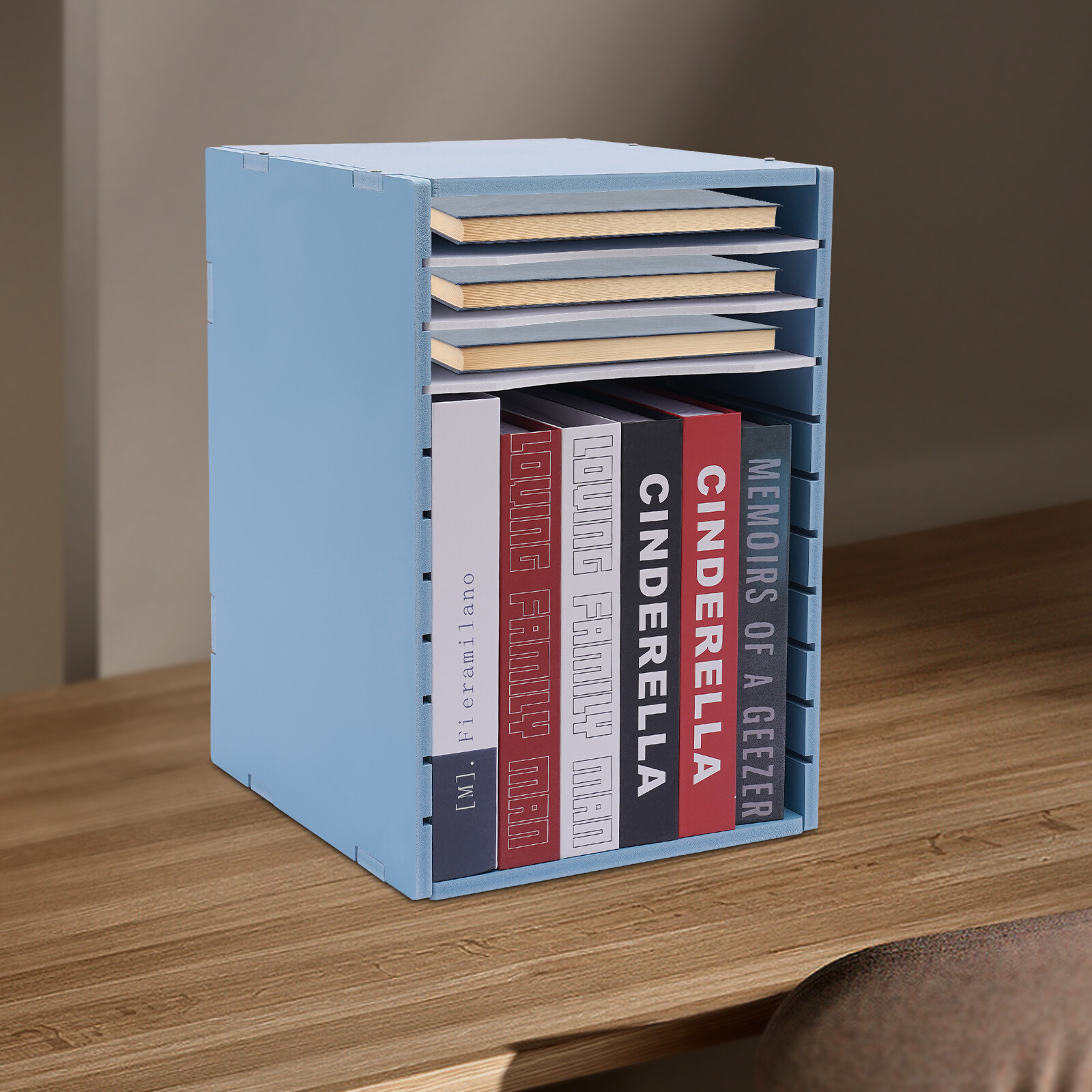 Vertical Desktop Sorter 11 Compartment Blue Letter-size Shelves