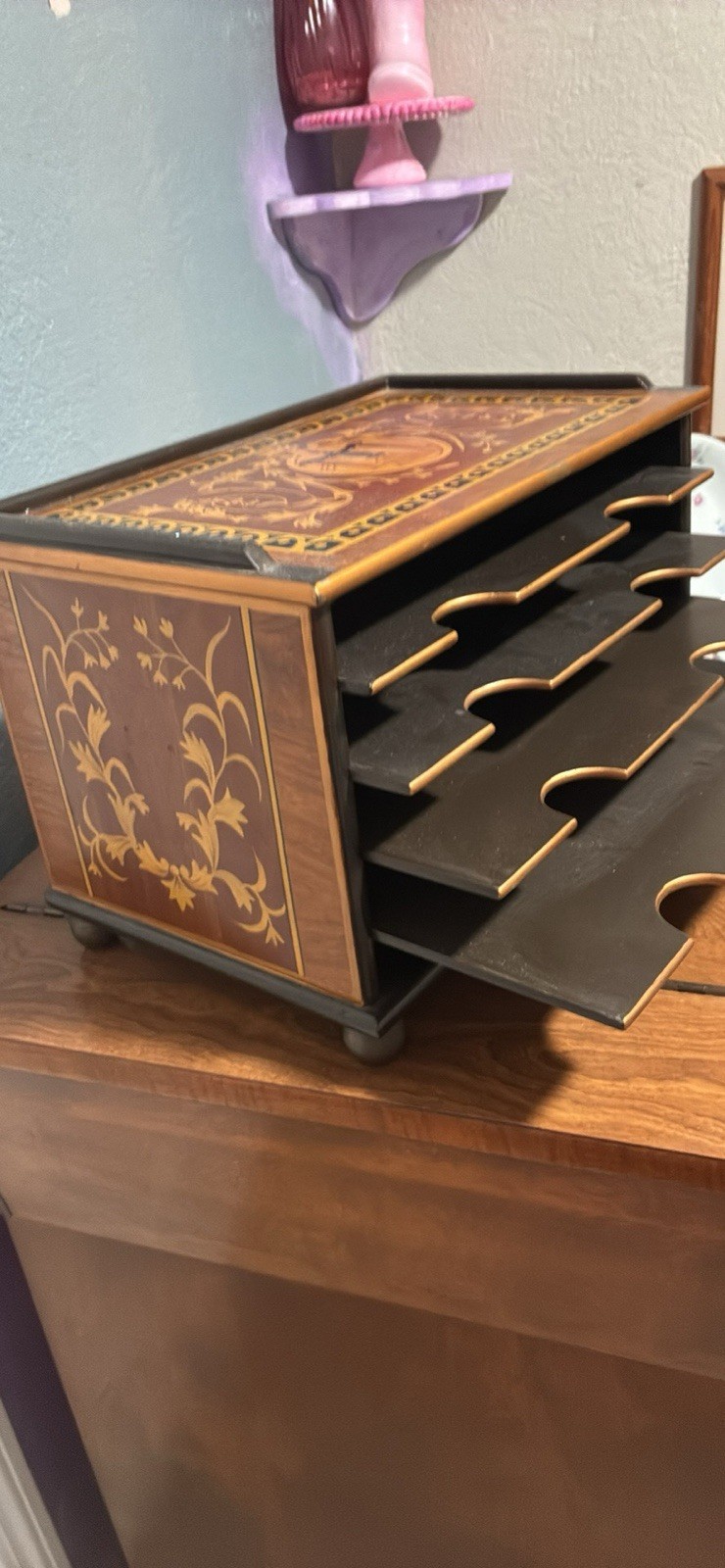 Vintage Inlay, Wood Desktop Organizer Five Trays Four Retractable