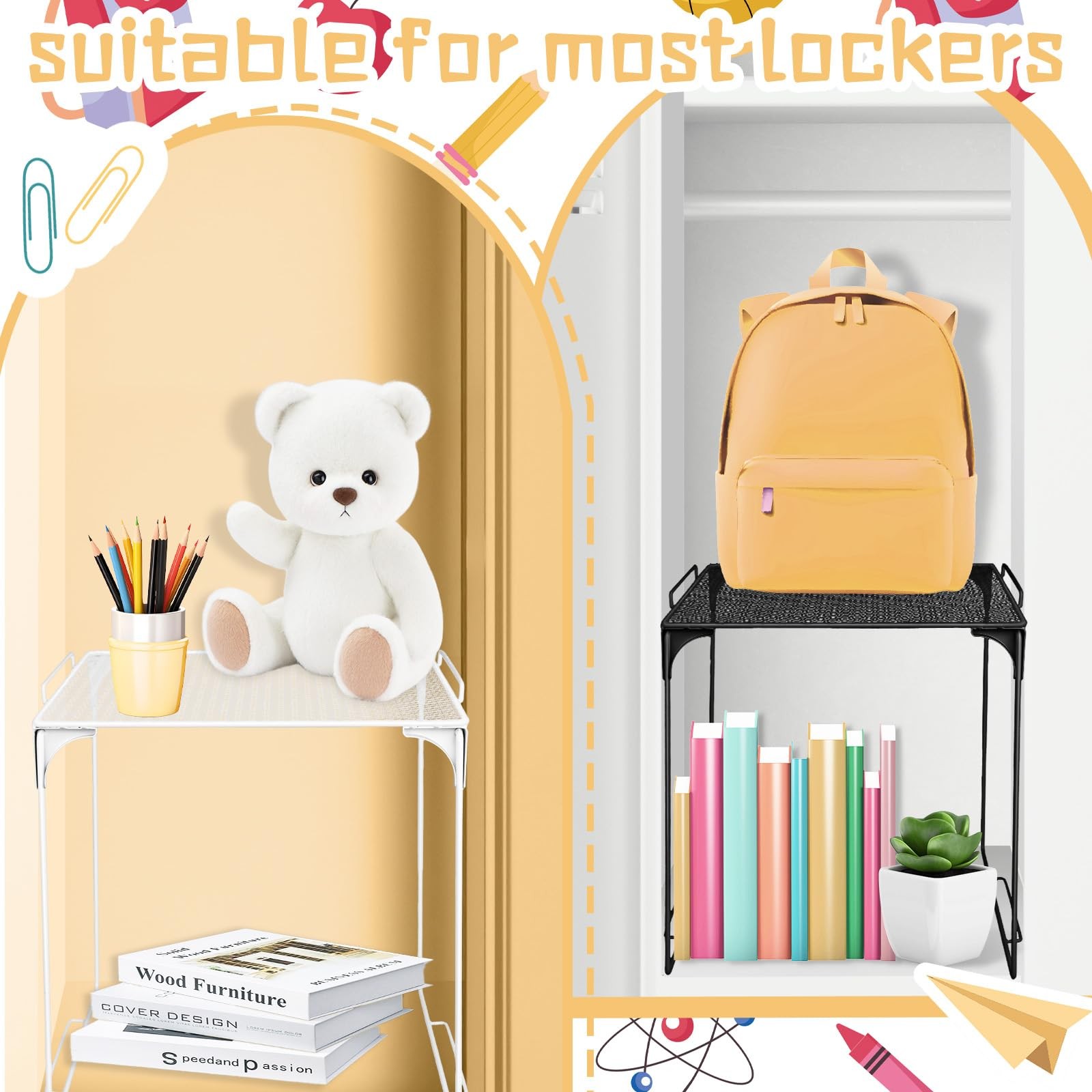 2 Pcs Locker Organizer Shelf Black and White Stackable Extra Locker Shelf Sto…