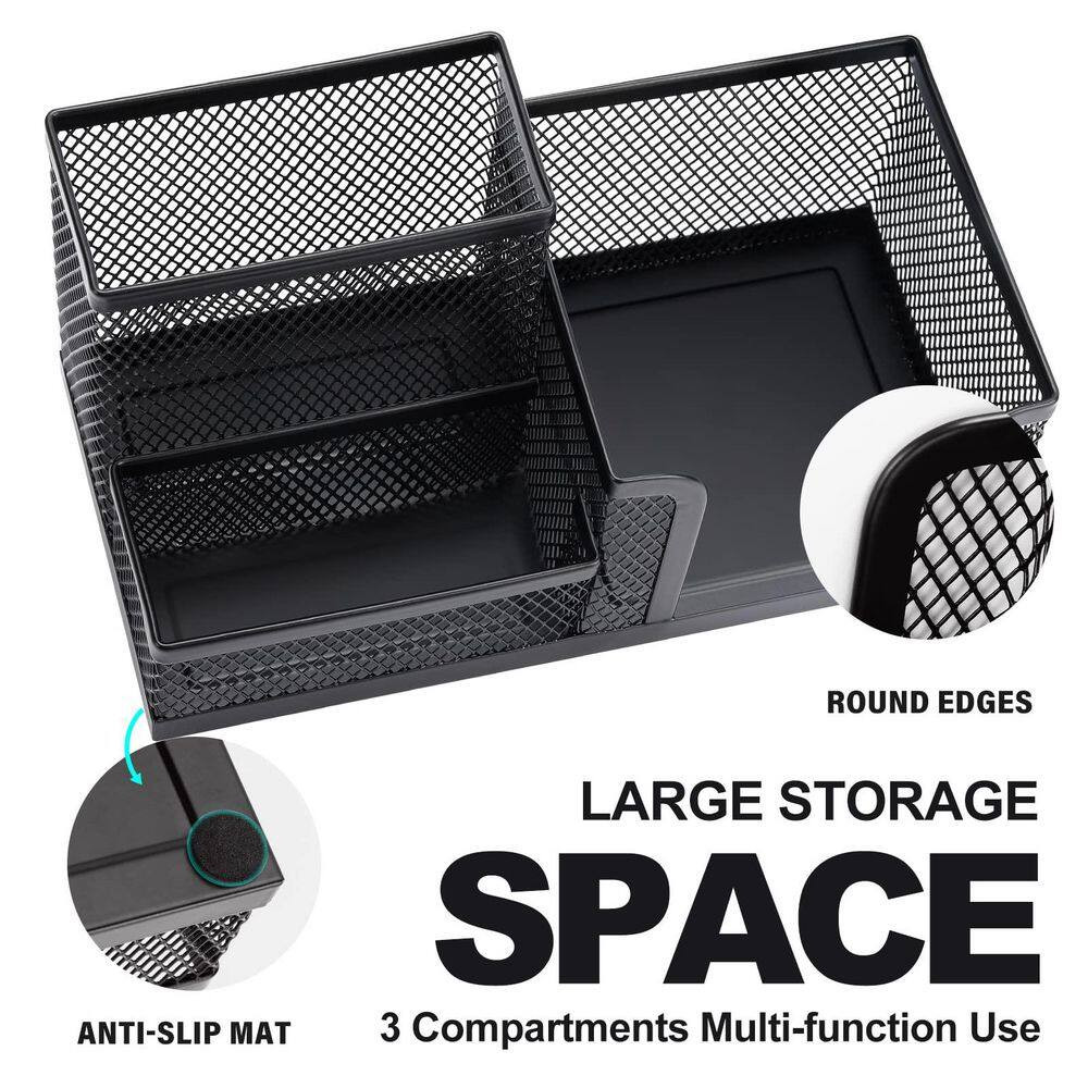 Black Metal Mesh Desk Organizer 3-Compartment Pen Pencil Holder Non-Slip Base Of