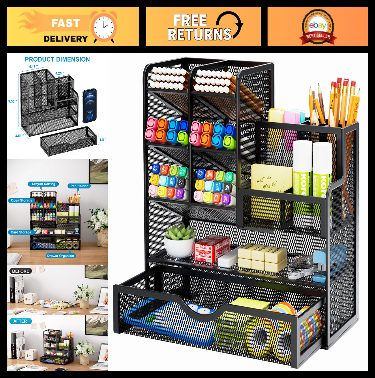 Multi-Functional Mesh Pen Holder with Drawer, Desk Organizer for Office Supplies