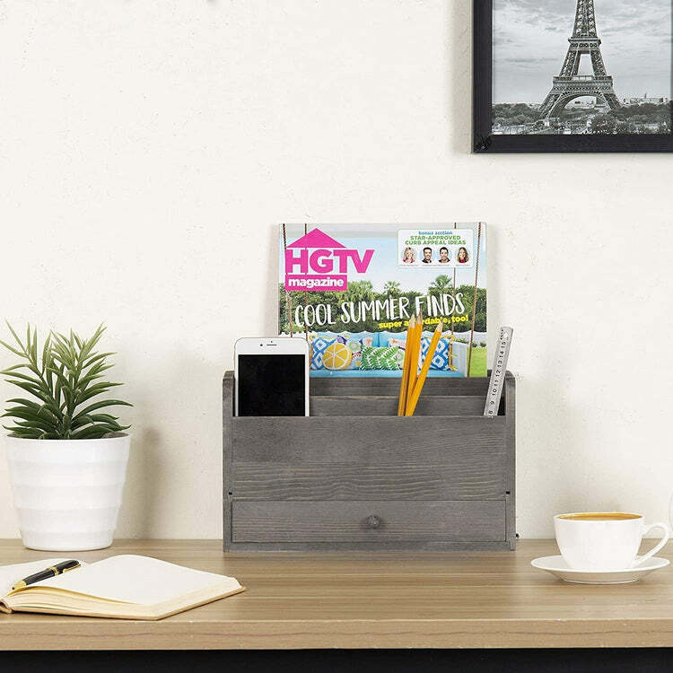 Wood Office Desk Organizer – Rustic Gray Desktop Document and Stationery Holder