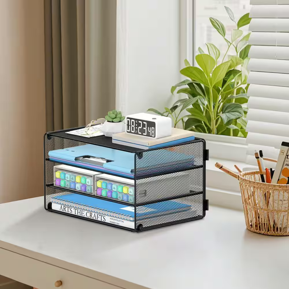 Black 3-Tier Mesh Metal Letter Tray Paper Organizer for Desk, 12.6 In. X 11.22 I