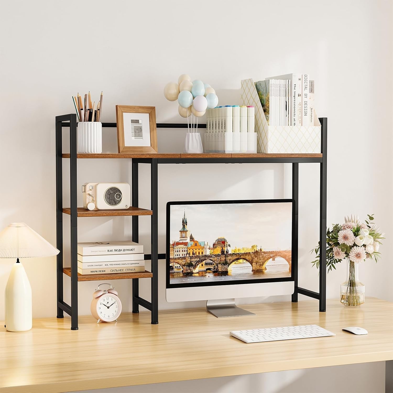 Estante de escritorio, organizador de escritorio de 98 cm, aparador para monitor