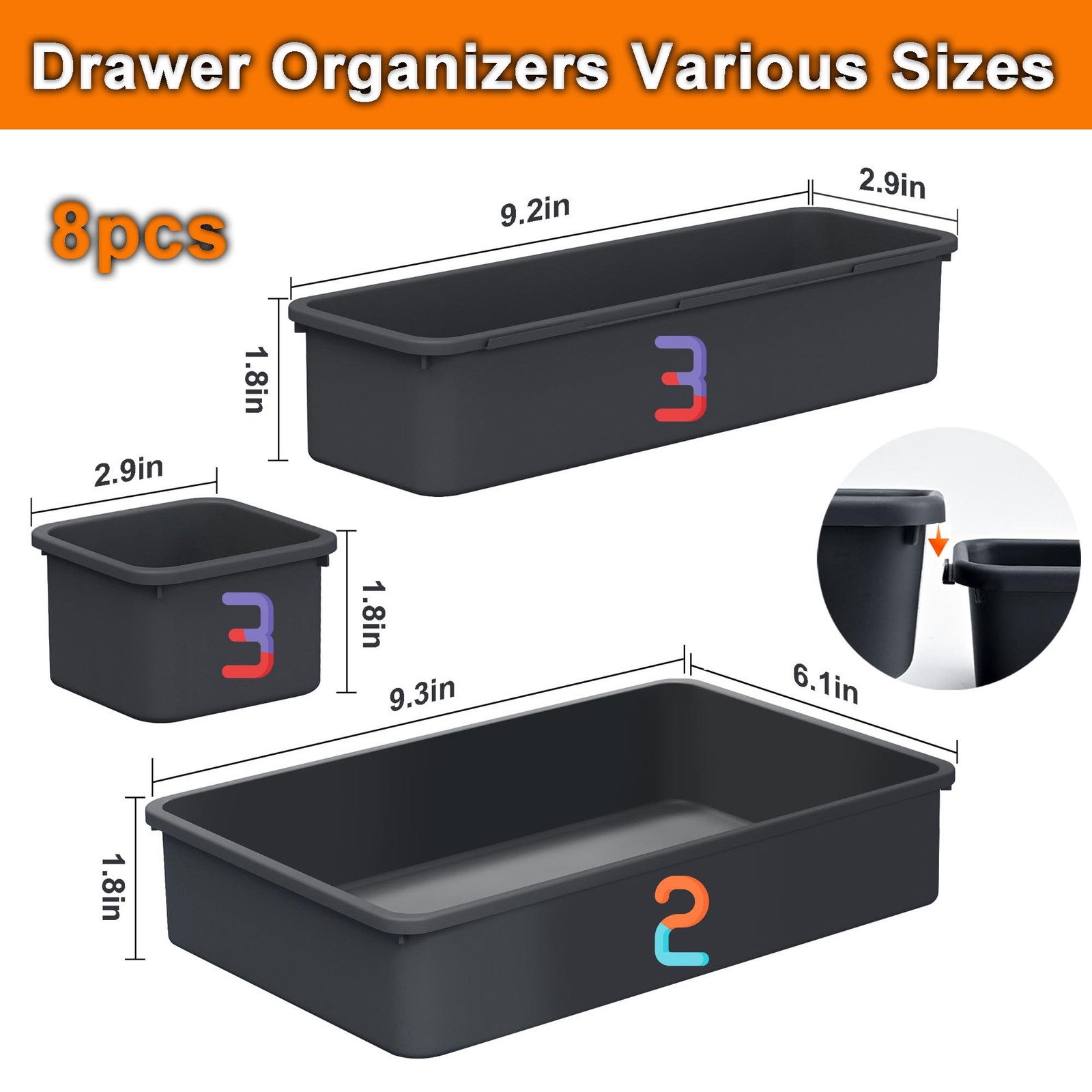 QUELIEN Desk Drawer Organizer Tray Set, 8PCS Plastic 8PCS, Gray Blue