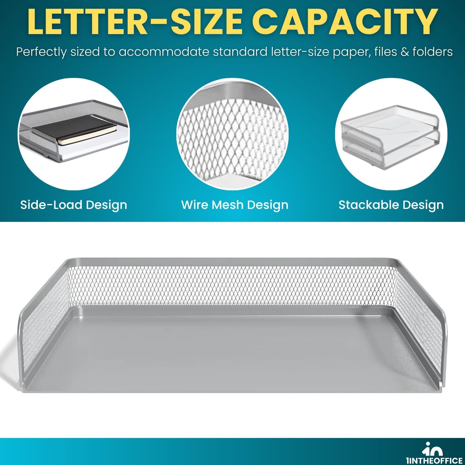 1Inthehome Stackable Side Load Letter Tray Silver Wire Metal Mesh Paper Tray