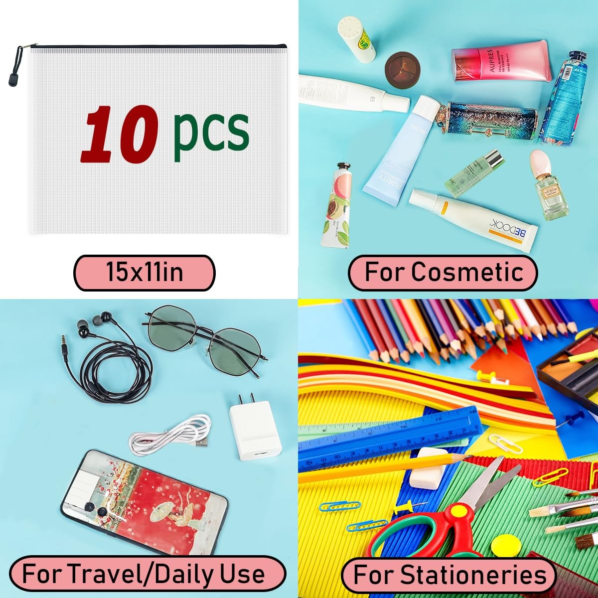 10 Pcs Zipper File Bags, Waterproof Plastic Mesh Pouch for Office , Board Gam…