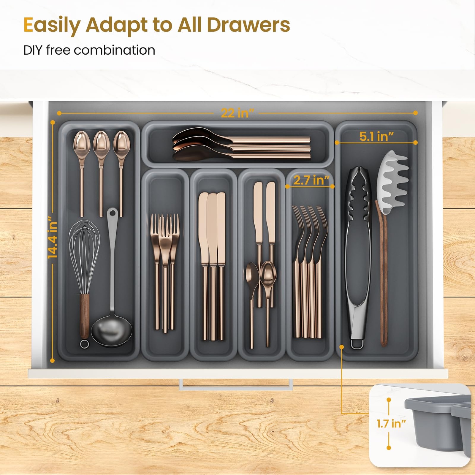 K KORKUAN 7 Pack Silicone Silverware Drawer Organizer, DIY Free 7 Pack, Grey