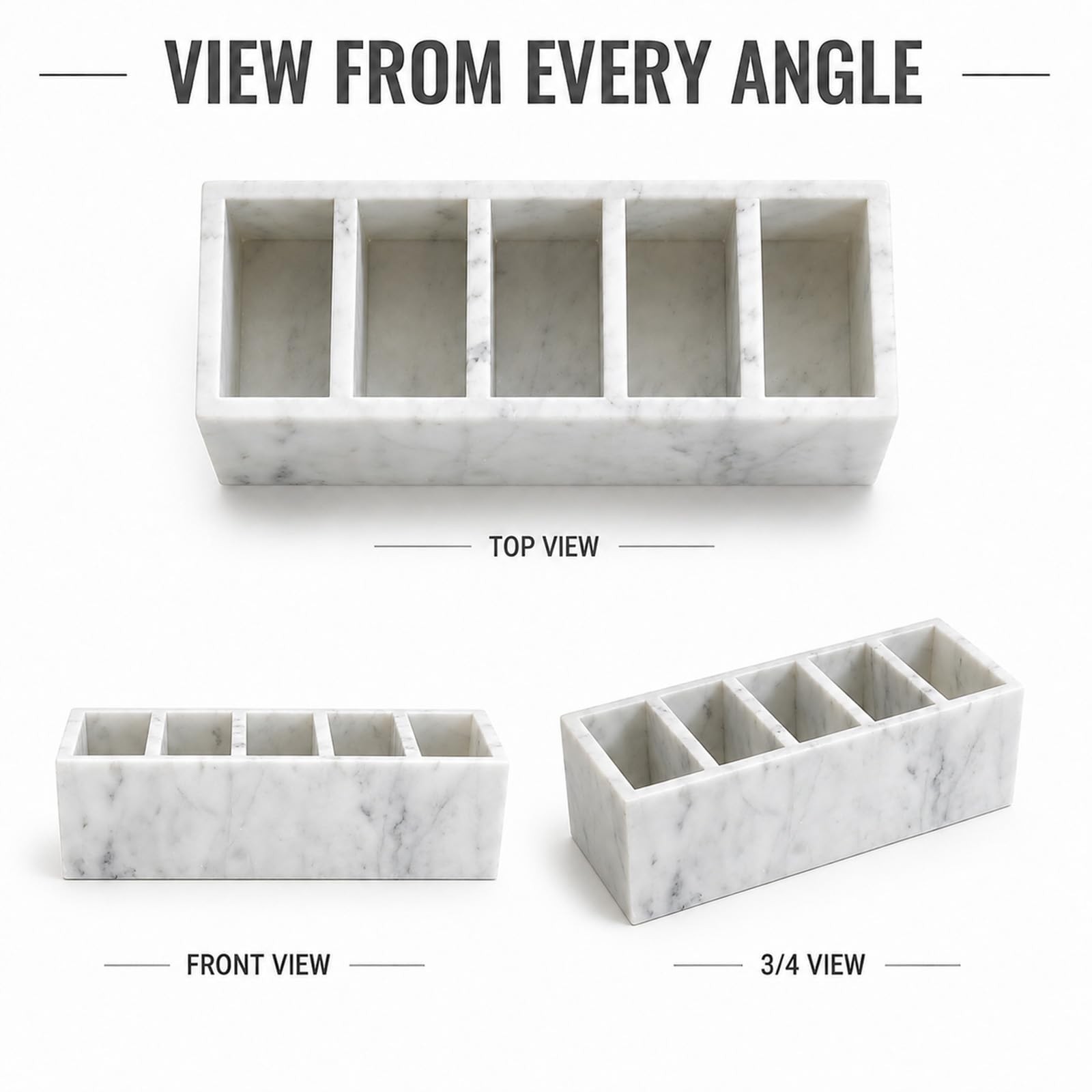 Natural White Marble 5-Compartment Desk Organizer for Pens & Brushes