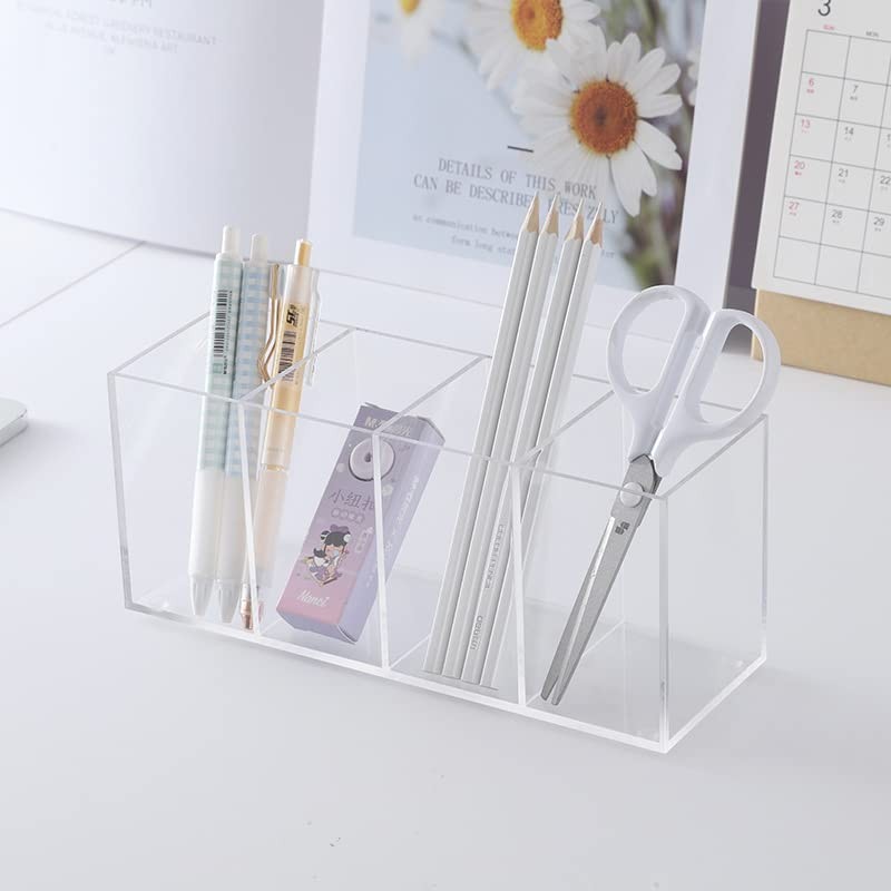 HSYMQ Acrylic Pen Holder 4 Compartments Clear Pencil Transparent